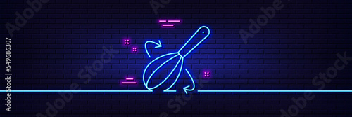Neon light glow effect. Cooking whisk line icon. Cutlery sign. Food mix symbol. 3d line neon glow icon. Brick wall banner. Cooking whisk outline. Vector