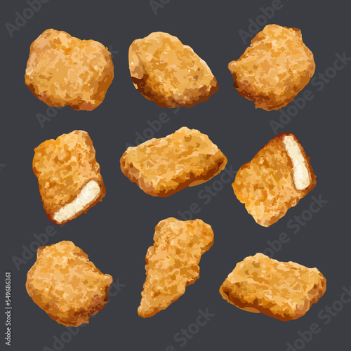 Set of crispy chicken nuggets on black background. Hand drawn watercolor vector illustration

