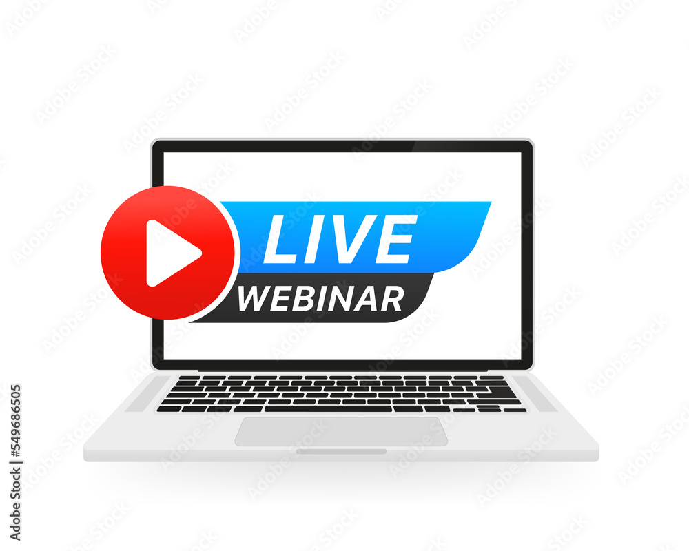 Live webinar play online button in Laptop notebook computer screen. Concept of Online video, movie, education, web course webinar, training, video tutorial. Vector illustration Live webinar play online button in Laptop notebook computer screen. Concept of Online video, movie, education, web course webinar, training, video tutorial. Vector illustration