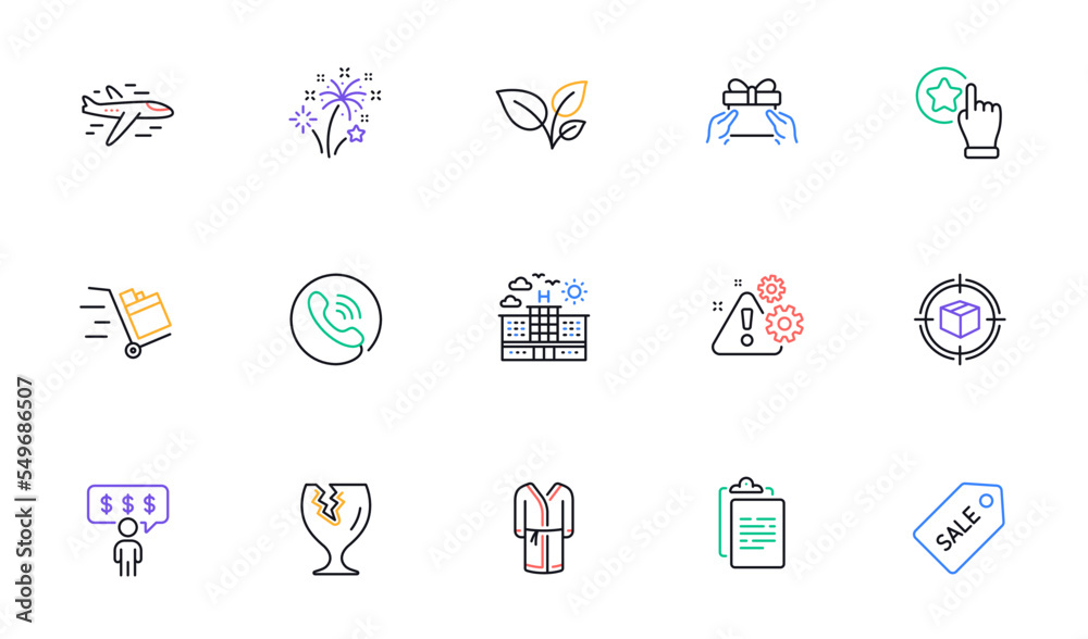 Bathrobe, Sale ticket and Call center line icons for website, printing. Collection of Warning, Fragile package, Clipboard icons. Fireworks, Leaves, Push cart web elements. Vector