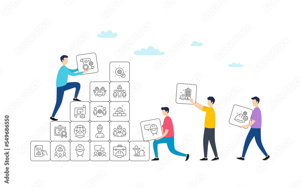 Engineering line icons. People team work concept. Teamwork, People and Technical documentation. Blueprint with gear, engineer and construction helmet set icons. Vector Engineering line icons. People team work concept. Teamwork, People and Technical documentation. Blueprint with gear, engineer and construction helmet set icons. Vector