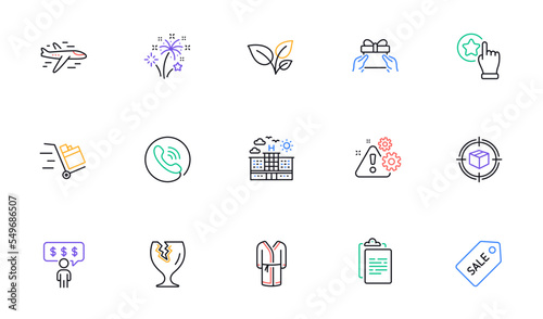 Fototapeta Naklejka Na Ścianę i Meble -  Bathrobe, Sale ticket and Call center line icons for website, printing. Collection of Warning, Fragile package, Clipboard icons. Fireworks, Leaves, Push cart web elements. Vector