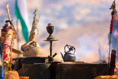 Traditional vintage Arabic Coffee or Tea Pot in the Desert, Jordan, copy space