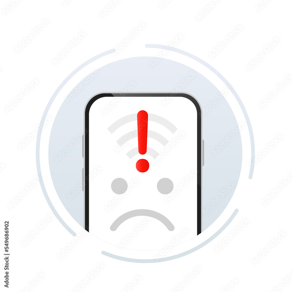 Internet connection not found on smartphone. Wireless connection lost. No Wi-Fi, in a stylish design with a sad emoticon. Vector illustration