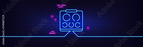Neon light glow effect. Vision board line icon. Oculist eye clinic sign. Optometry symbol. 3d line neon glow icon. Brick wall banner. Vision board outline. Vector