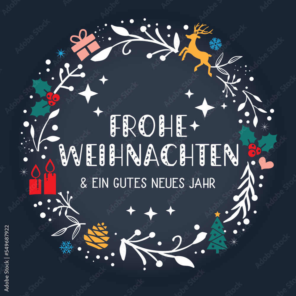 Weihnachtsgrüße - Kranz mit deutschem Text - Vektor Illustration auf schwarzem Hintergrund