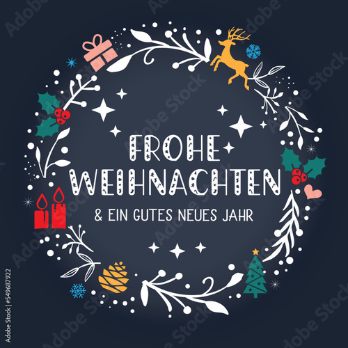 Weihnachtsgr    e - Kranz mit deutschem Text - Vektor Illustration auf schwarzem Hintergrund