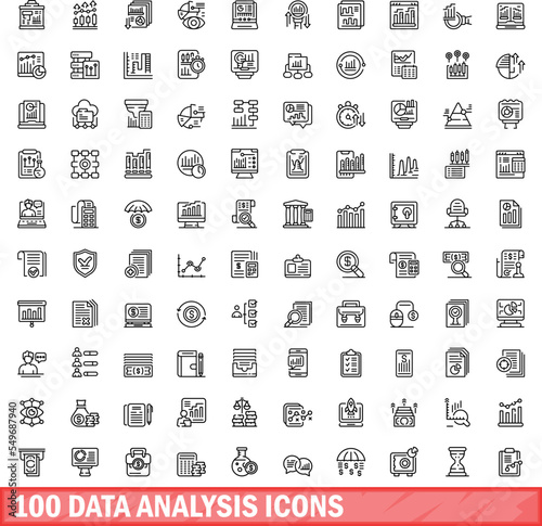 100 data analysis icons set. Outline illustration of 100 data analysis icons vector set isolated on white background