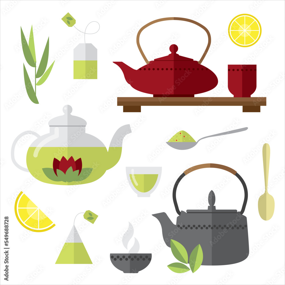 Set for tea lovers. Isolated elements with cup, teapot, lemon, teabags, herbs, cake. Herbal tea, green tea. Simple minimalistic flat design style. Japanese tea ceremony.