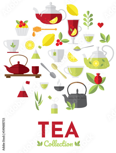 Tea illustration set with cup, teapot, lemon, tea bags, herbs, cake. Traditional english tea time icon. Japanese tea ceremony. Breakfast background design. Simple minimalistic flat design style.