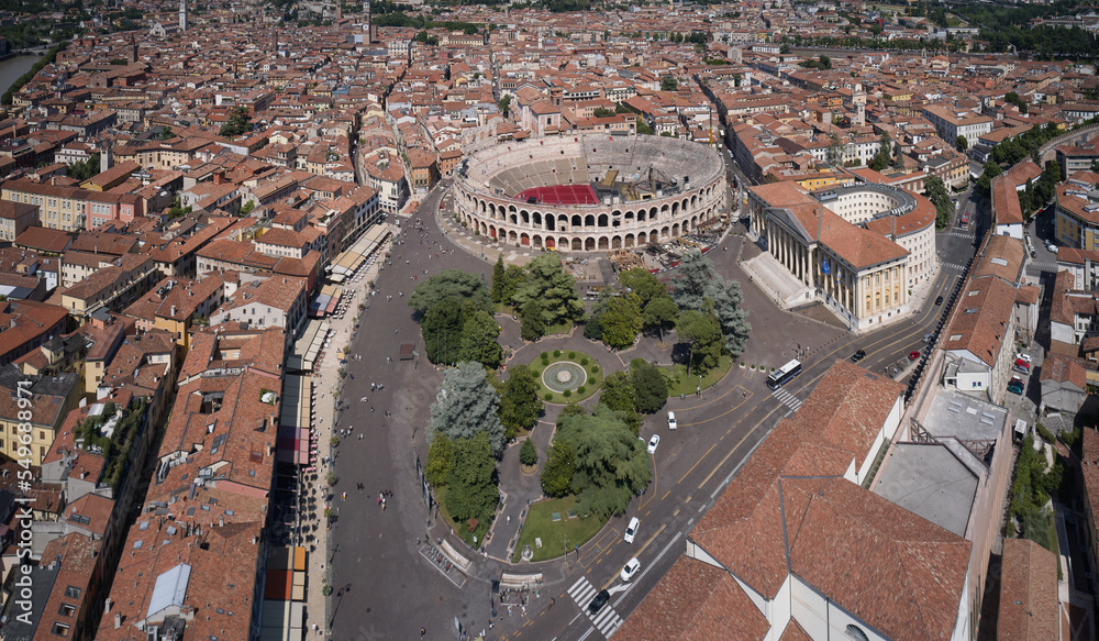Fototapeta premium Aerial view of the Arena di Verona, Italy. Aerial panorama of the historic city center of Verona, Italy.
