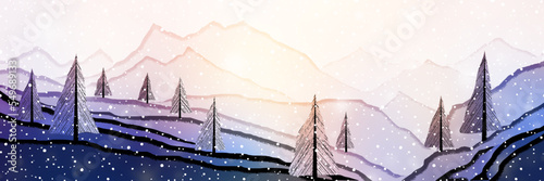Winter landscape, cartoon nature, mountains with forest and falling snow