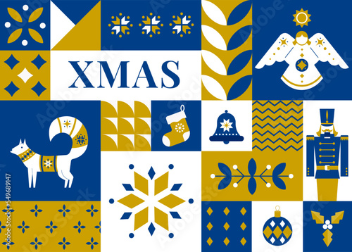 Christmas seamless pattern in scandinavian style. Holidays 2023 postcard. Snowflakes, decorations and Xmas trees elements. Retro clean concept design. Vector Illustration