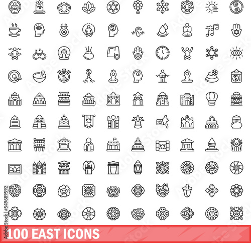 100 east icons set. Outline illustration of 100 east icons vector set isolated on white background