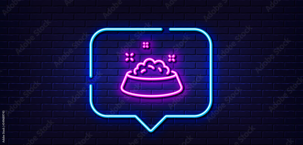 Neon light speech bubble. Dog feeding line icon. Pets food sign. Pet bowl symbol. Neon light background. Dog feeding glow line. Brick wall banner. Vector Neon light speech bubble. Dog feeding line icon. Pets food sign. Pet bowl symbol. Neon light background. Dog feeding glow line. Brick wall banner. Vector