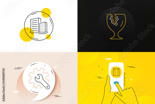 Minimal set of Open door, Customisation and Fragile package line icons. Phone screen, Quote banners. Buildings icons. For web development. Entrance, Settings, Safe shipping. City architecture. Vector