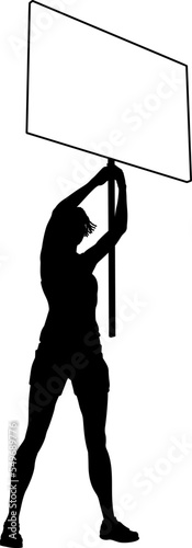 Protestor or demonstrator at a demonstration march, picket line or strike protest rally in silhouette. Holding up a banner or picket sign board placard.