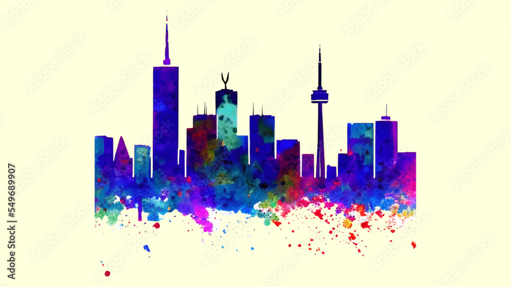 City skyline illustration in watercolors isolated on light background