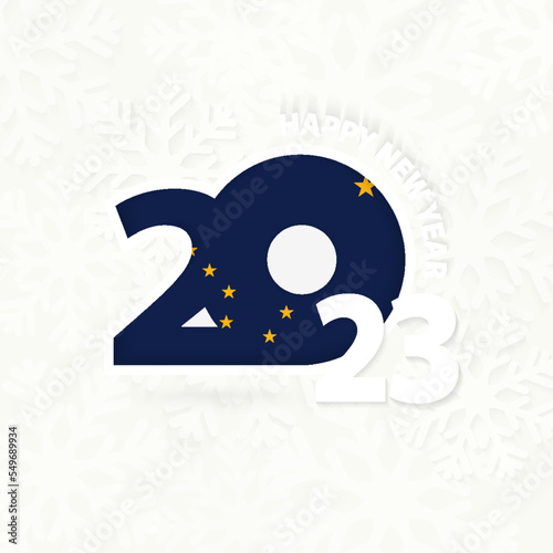 New Year 2023 for Alaska on snowflake background.