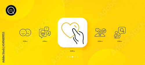 Inspect, Like and Cyber attack minimal line icons. Yellow abstract background. Job interview, Hold heart icons. For web, application, printing. Search info, Social media dislike, Darknet chat. Vector