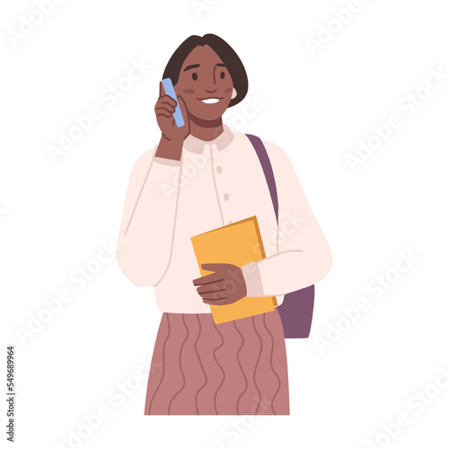 Business lady or student talking on phone. Isolated female personage with smartphone and file of documents in hands. Flat cartoon character, vector in flat style