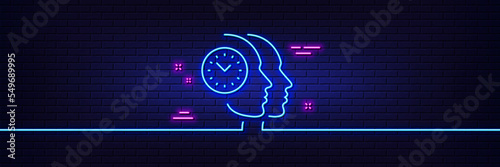 Neon light glow effect. Time management line icon. Clock sign. Teamwork symbol. 3d line neon glow icon. Brick wall banner. Time management outline. Vector