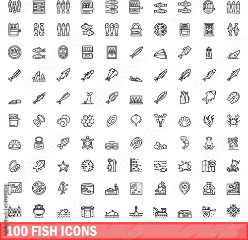 100 fish icons set. Outline illustration of 100 fish icons vector set isolated on white background