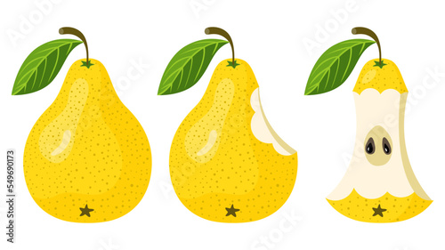 Whole fruit, bite missing and leftover core of yellow pear