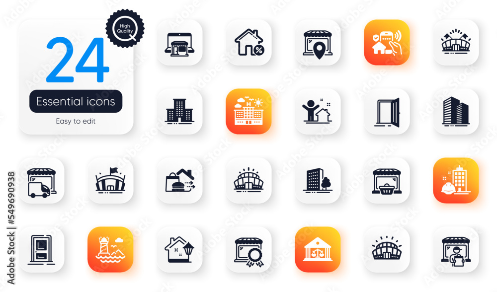 Set of Buildings flat icons. Arena stadium, Street light and Best market elements for web application. Entrance, Lighthouse, Sports arena icons. Food delivery, Buildings. Vector