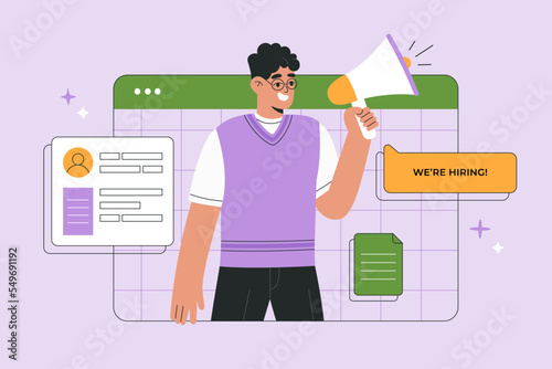 Young man employer on computer screen shout in loud speaker We are hiring. Recruitment agency, candidate searching online. Hand drawn vector illustration isolated on background, flat cartoon style