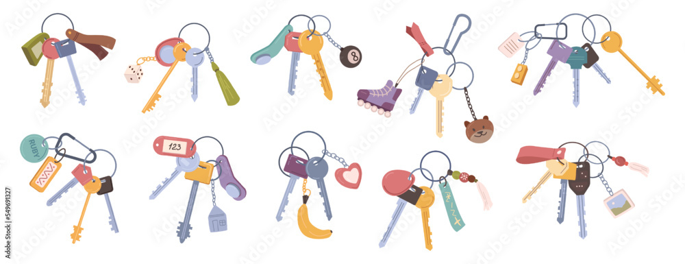 Keys vector set isolated on white background, flat cartoon style icon modern and classic retro door key bunch hanging on ring, keychain with trinkets, different keychains, heart and address name