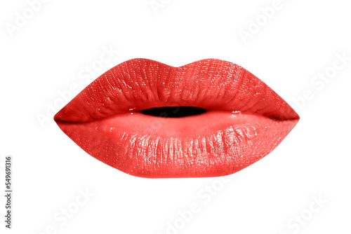 Photography Close up of sexy caucasian woman perfect  lips with red lipstick isolated on tra