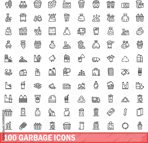 100 garbage icons set. Outline illustration of 100 garbage icons vector set isolated on white background