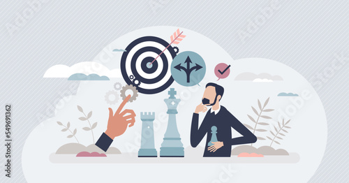 Strategic management or future company goal planning tiny person concept. Smart challenge solution with precise decisions or situation analysis vector illustration. Successful professional performance
