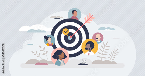 Target customer group and marketing activity audience tiny person concept. Advertising project with precise communication and social focus accuracy vector illustration. Aim to niche client engagement.