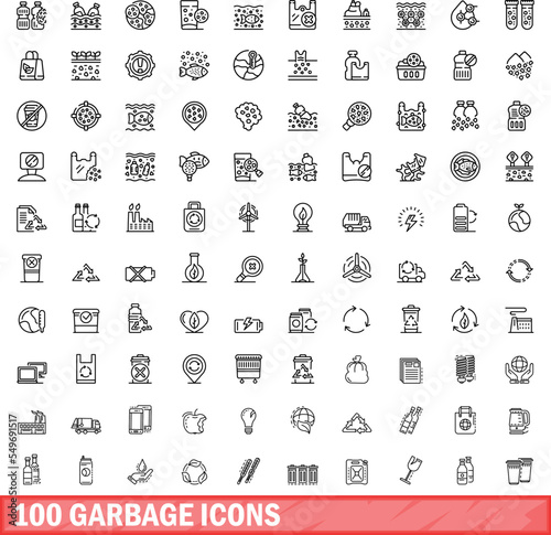 100 garbage icons set. Outline illustration of 100 garbage icons vector set isolated on white background