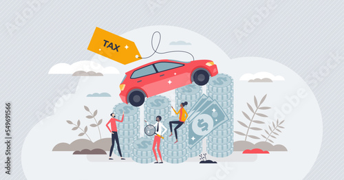 Cars tax as financial annual payment for road taxation tiny person concept. High expenses for vehicle ownership and usage vector illustration. Money stack with driving automobile as expensive fee.
