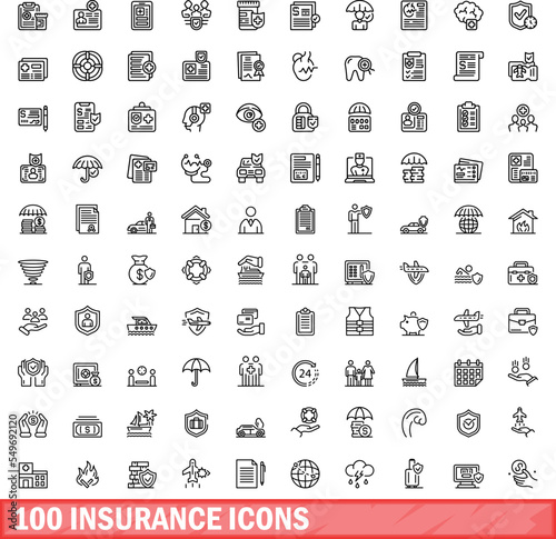 100 insurance icons set. Outline illustration of 100 insurance icons vector set isolated on white background