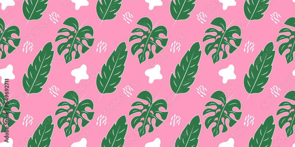 Vector seamless botanical monstera leaf pattern trendy green pink color