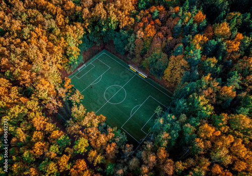 Aerial image. Football field in the autumn forest.