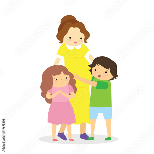 Pregnant mother standing with her son and daughter