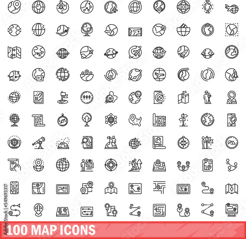 100 map icons set. Outline illustration of 100 map icons vector set isolated on white background
