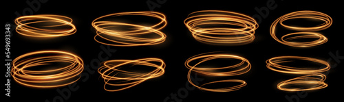 Spiral effect, sparkling gold glitter glow flare, fire light circles and ring trails. Vector abstract fire circles, sparkle magic swirls and energy light spiral spin twirls isolated set on black