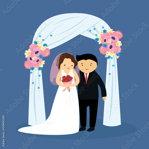 The bride and groom stand under the wedding arch