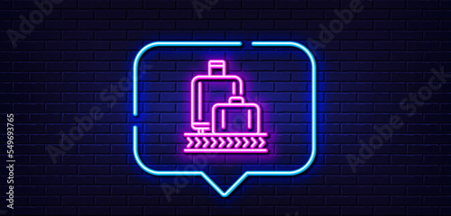 Neon light speech bubble. Airport baggage reclaim line icon. Airplane luggage lane sign. Flight checked bag symbol. Neon light background. Baggage reclaim glow line. Brick wall banner. Vector
