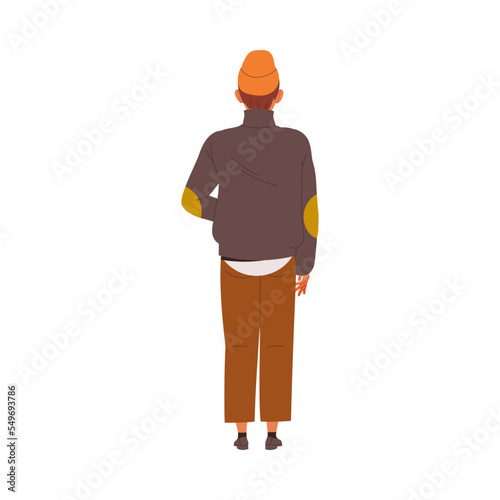 Back View of Man Character in Hat and Jacket Standing Vector Illustration