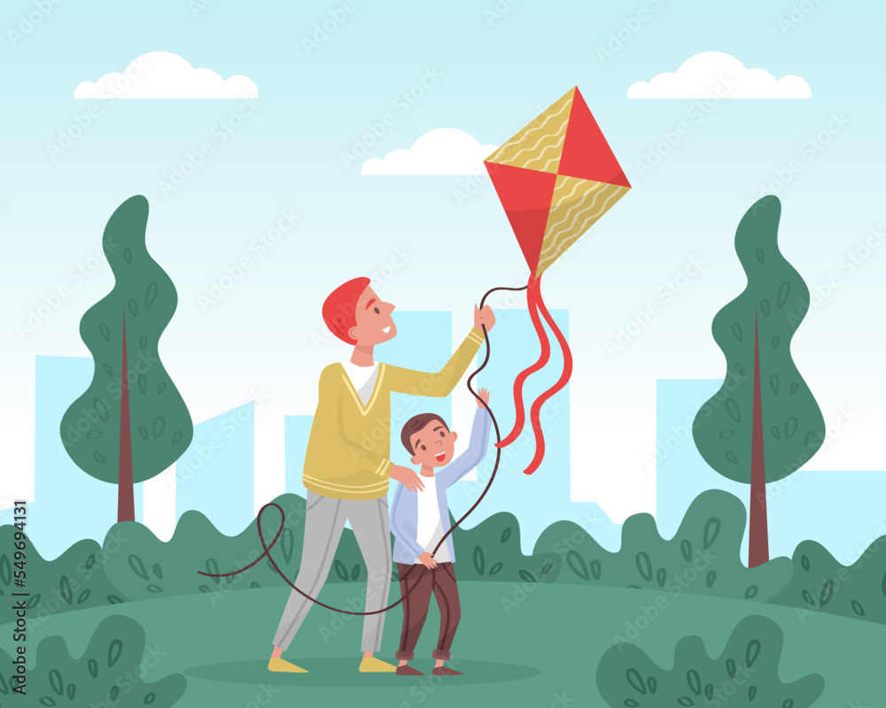 Fototapeta premium Father and son playing kite in park. Parents and kid having good time outdoors cartoon vector