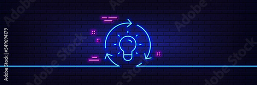 Neon light glow effect. Idea line icon. Lightbulb sign. Core value symbol. 3d line neon glow icon. Brick wall banner. Idea outline. Vector