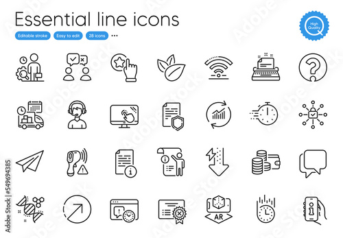 Consultant, Manual doc and Support line icons. Collection of Direction, Inspect, Delivery icons. Talk bubble, Touch screen, Organic product web elements. Electronic thermometer. Vector