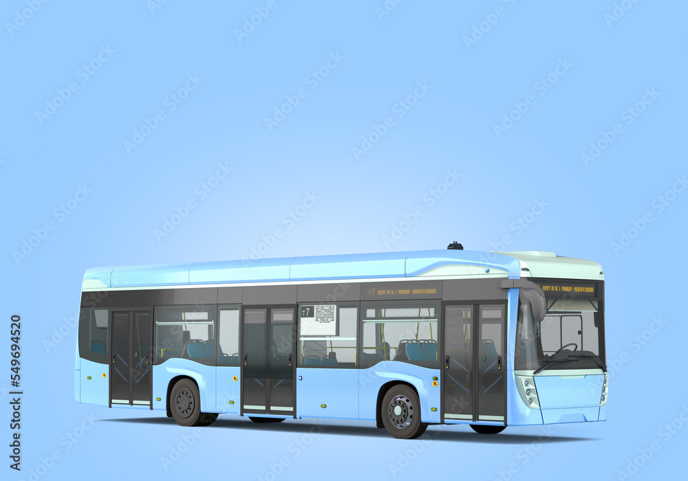 Empty blue city bus with open dors 3d render on blue gradient